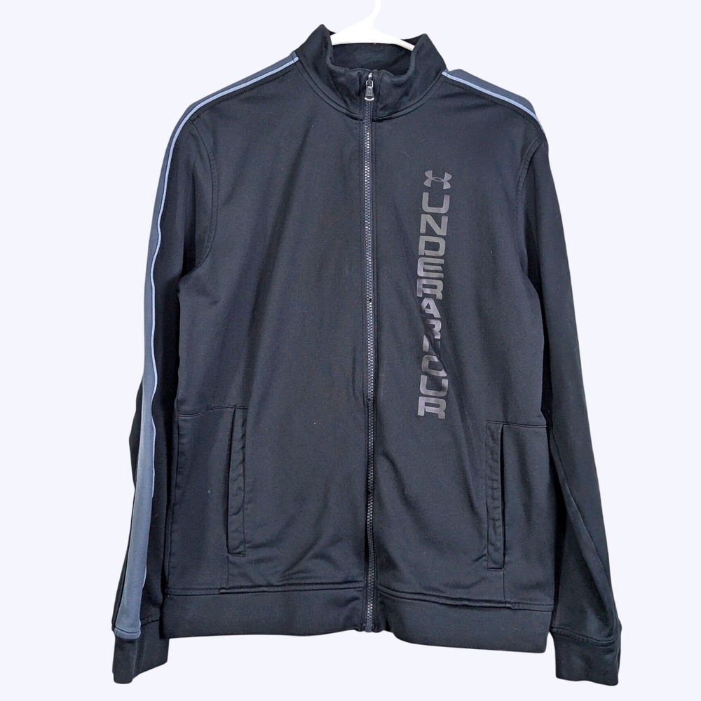 Under Armour Mens Black Full Zip Track Jacket Logo Stripe Mock Neck
